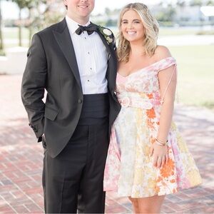 Zimmermann Floral postcard spliced Print Off Shoulder linen dress